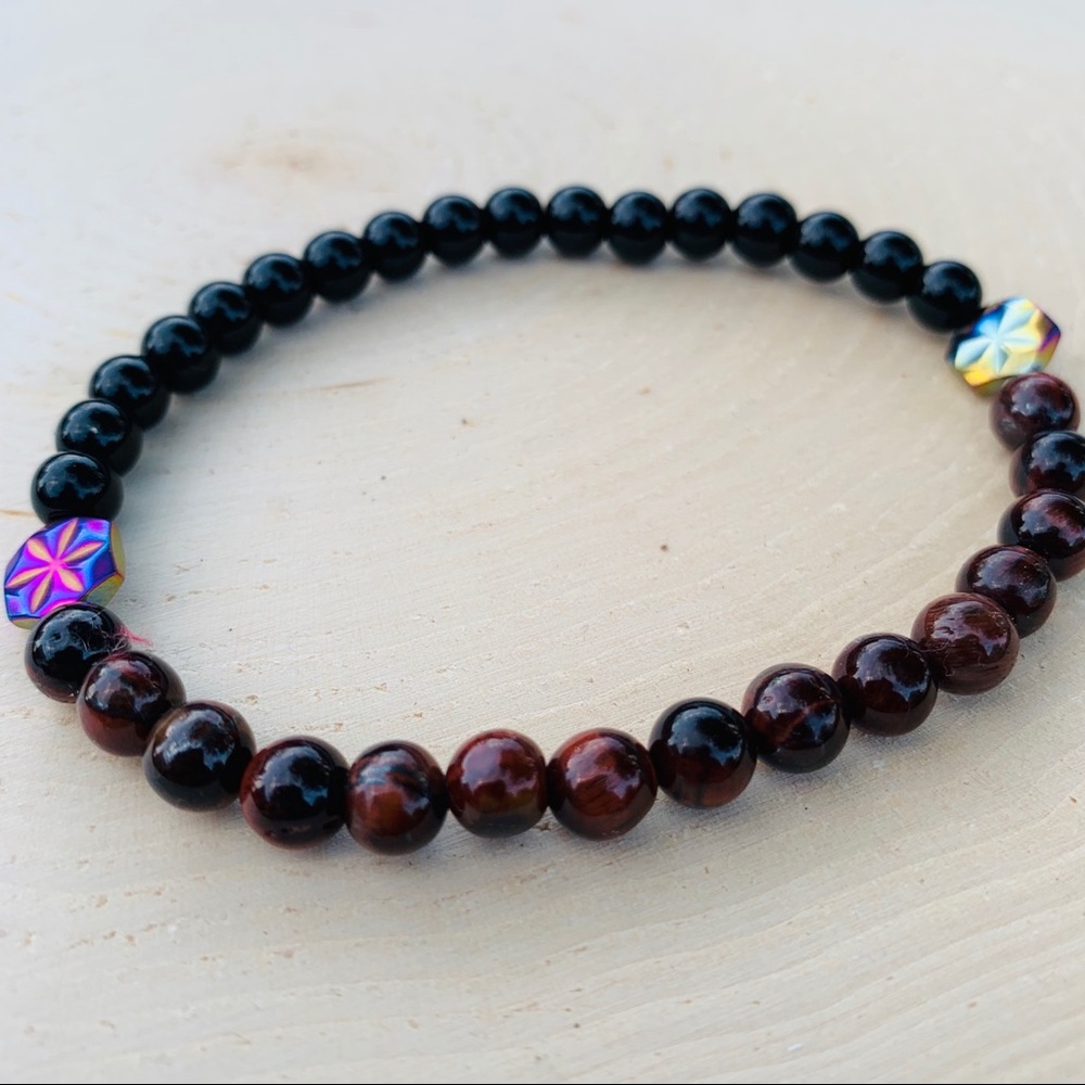 Mens Tiger Eye Black Onyx Beaded Stretch Bracelet